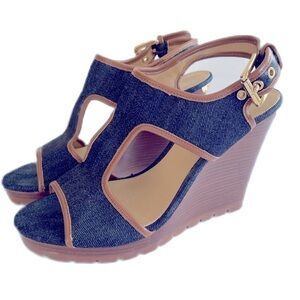Michael Kors Wedge Sandals 8.5 Denim with Gold Accents